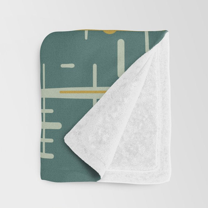 Mid-Century Modern Kinetikos Pattern in Deep Teal, Mustard Gold, and Celadon Throw Blanket Gallery Image 3