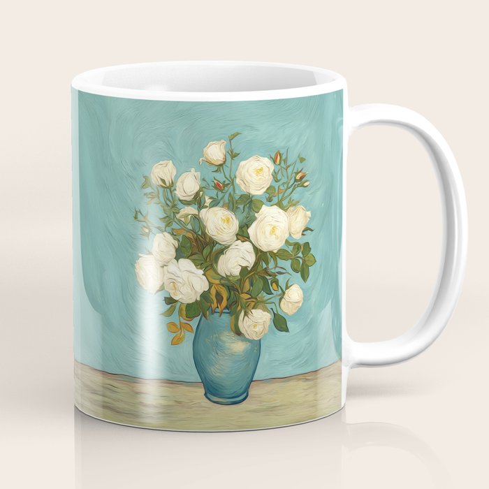 White Roses in Blue Vase Coffee Mug Gallery Image 1