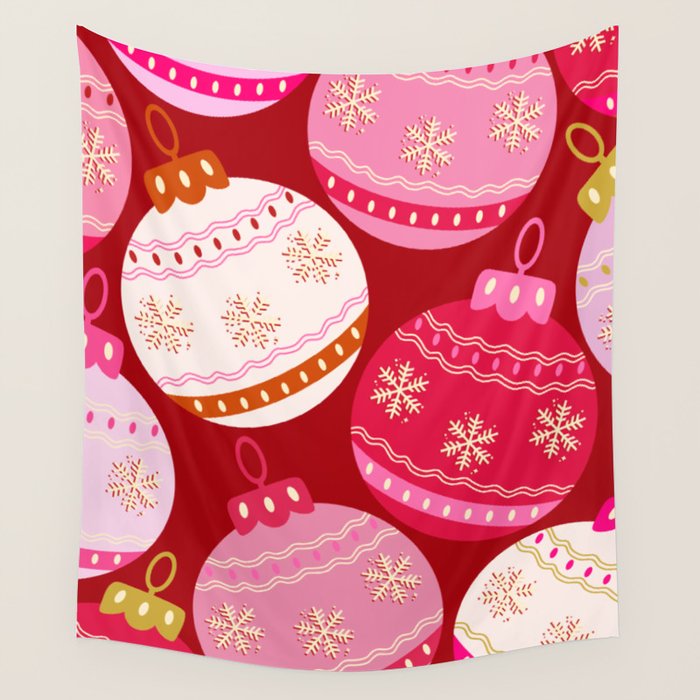 Pink Christmas Decorations Retro Baubles Wall Tapestry Gallery Image 4