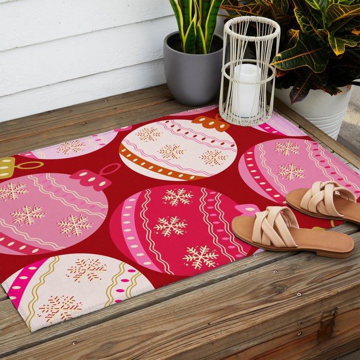 Pink Christmas Decorations Retro Baubles Outdoor Rug Gallery Image 2