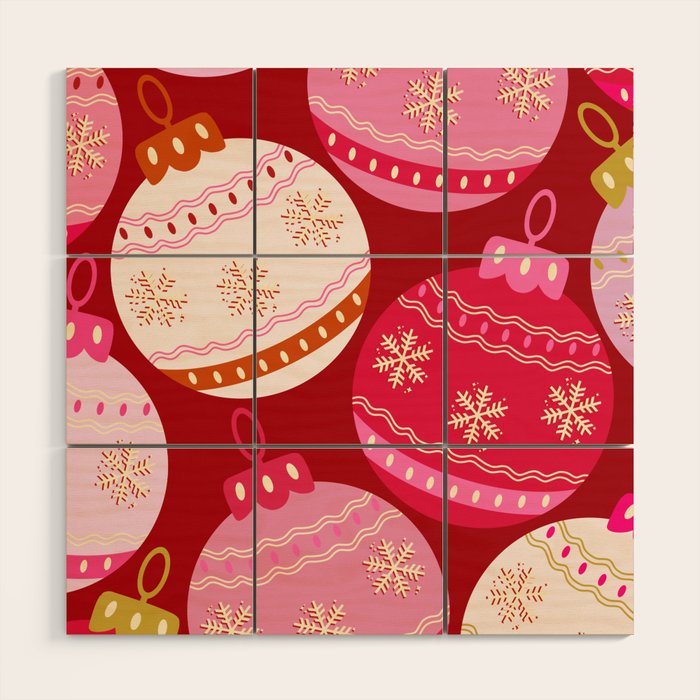 Pink Christmas Decorations Retro Baubles Wood Wall Art Gallery Image 1