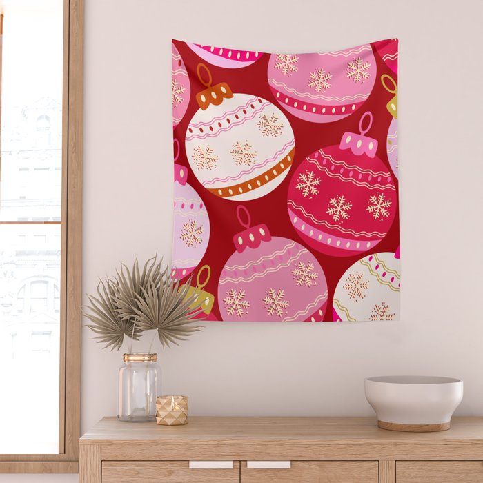 Pink Christmas Decorations Retro Baubles Wall Tapestry Gallery Image 2