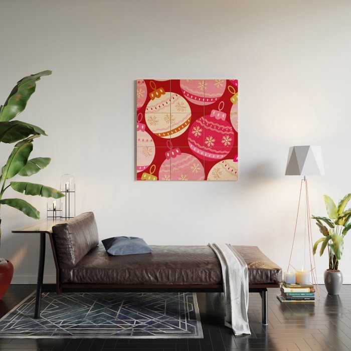 Pink Christmas Decorations Retro Baubles Wood Wall Art Gallery Image 2