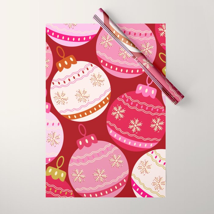 Pink Christmas Decorations Retro Baubles Wrapping Paper Gallery Image 1