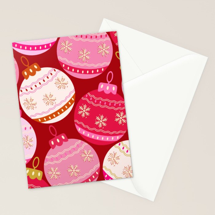 Pink Christmas Decorations Retro Baubles Stationery Card Gallery Image 2