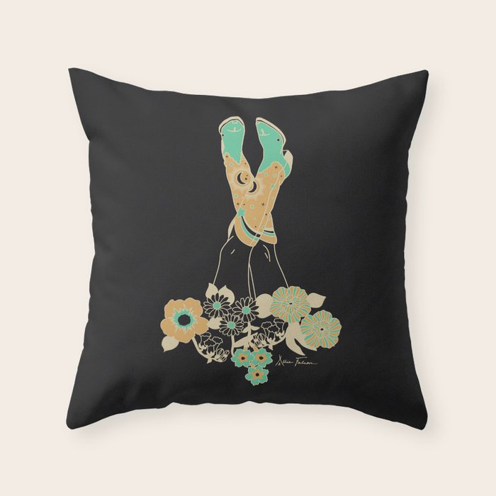 Love Stoned Cowboy Boots - Emerald, Cream, Black Throw Pillow Gallery Image 1