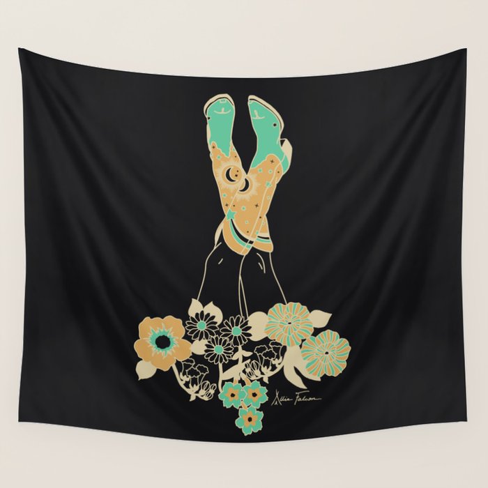 Love Stoned Cowboy Boots - Emerald, Cream, Black Wall Tapestry Gallery Image 4