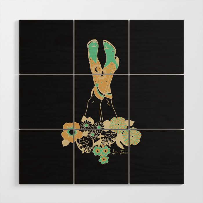 Love Stoned Cowboy Boots - Emerald, Cream, Black Wood Wall Art Gallery Image 1