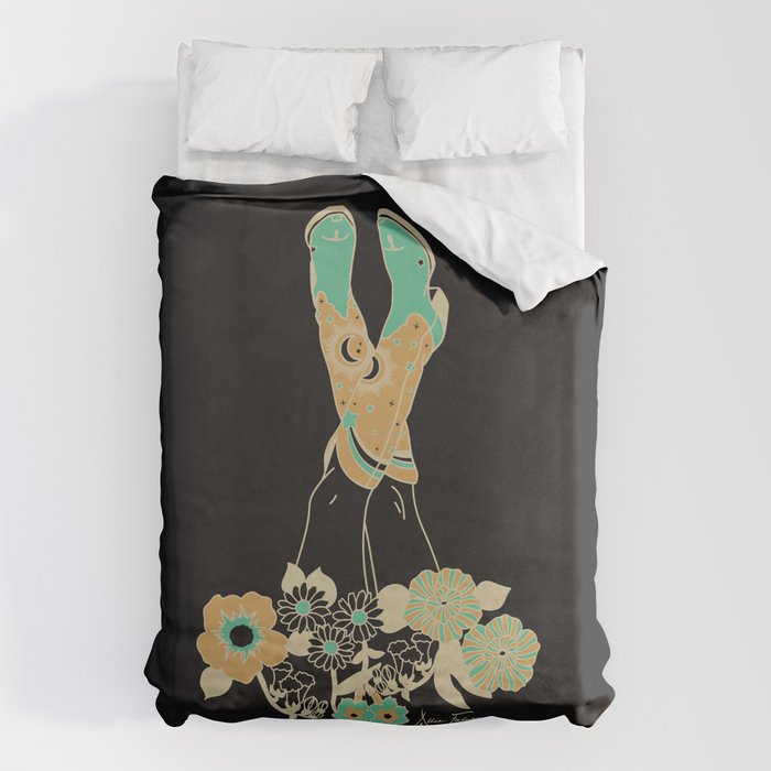 Love Stoned Cowboy Boots - Emerald, Cream, Black Duvet Cover Gallery Image 1