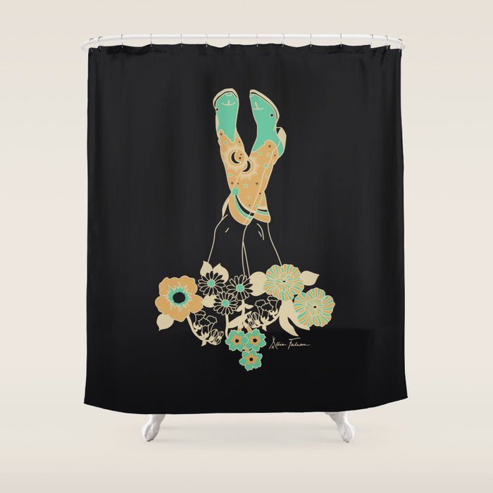 Love Stoned Cowboy Boots - Emerald, Cream, Black Shower Curtain Gallery Image 1
