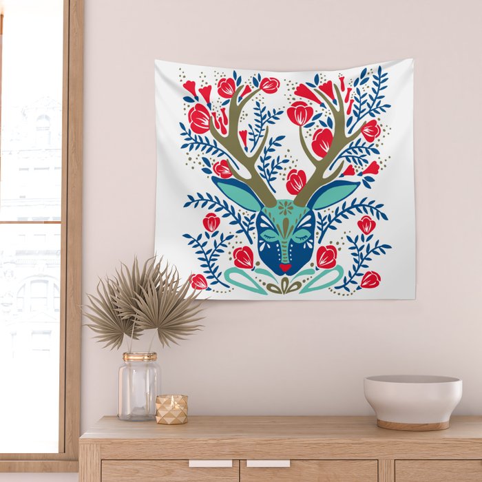 Floral Antlers - Red & Navy Wall Tapestry Gallery Image 2