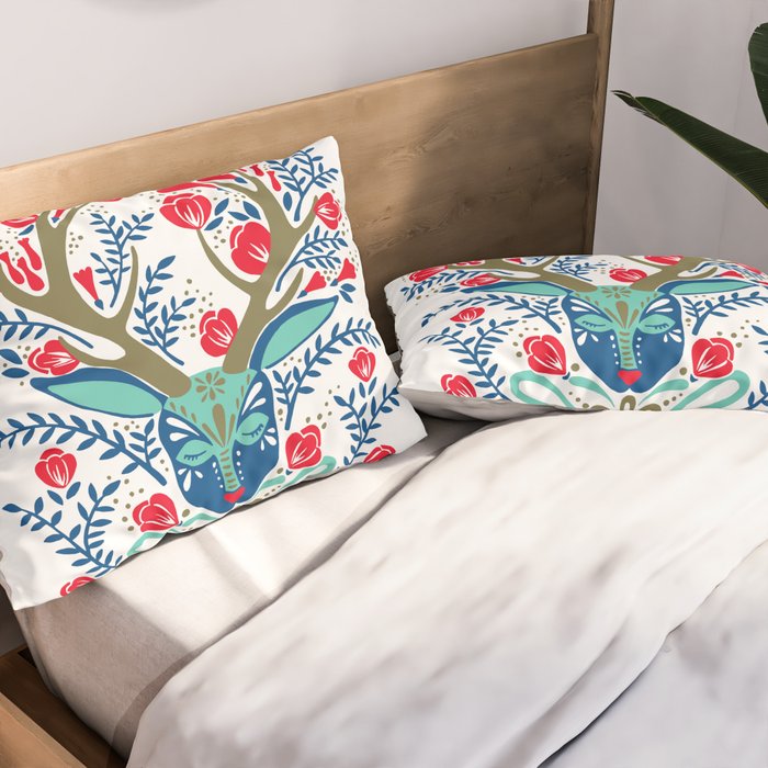Floral Antlers - Red & Navy Pillow Sham Gallery Image 2