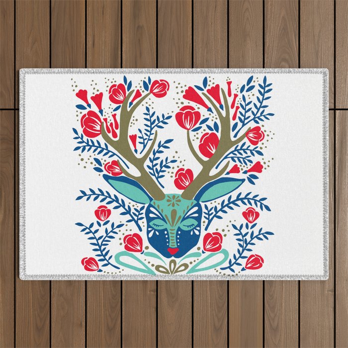 Floral Antlers - Red & Navy Outdoor Rug Gallery Image 1