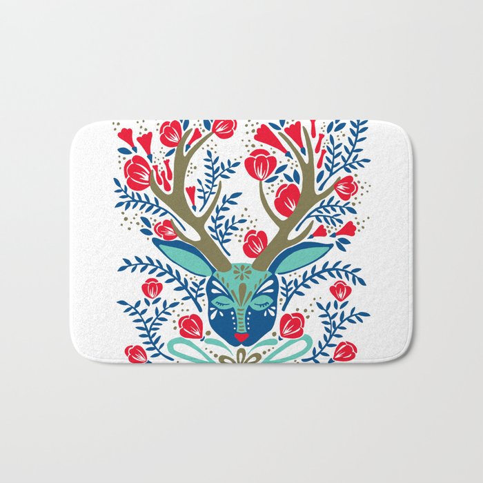 Floral Antlers - Red & Navy Bath Mat Gallery Image 1