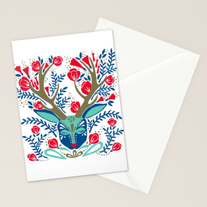 Floral Antlers - Red & Navy Stationery Card Gallery Image 2