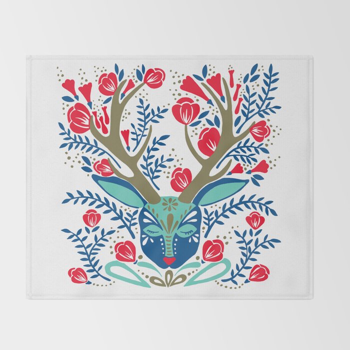 Floral Antlers - Red & Navy Throw Blanket Gallery Image 2