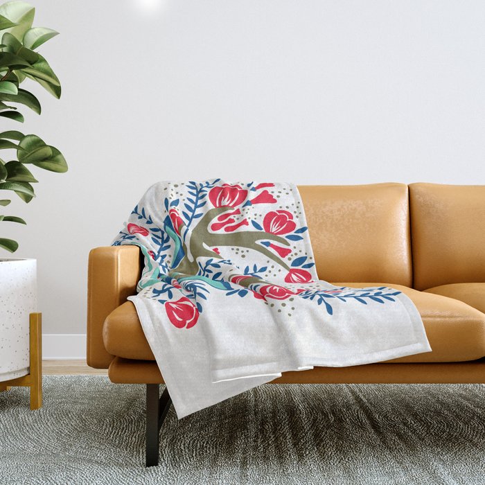 Floral Antlers - Red & Navy Throw Blanket Gallery Image 1