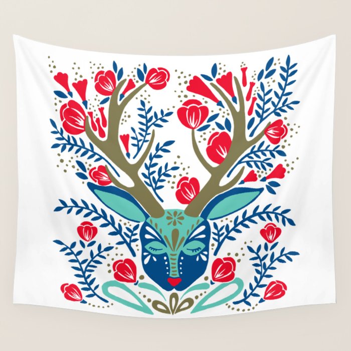 Floral Antlers - Red & Navy Wall Tapestry Gallery Image 1