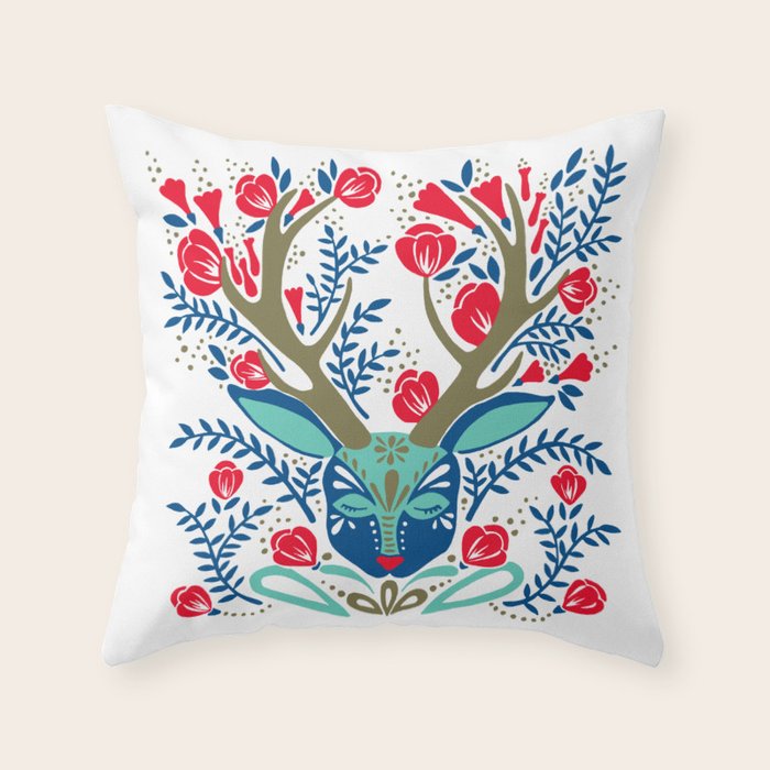 Floral Antlers - Red & Navy Throw Pillow Gallery Image 1
