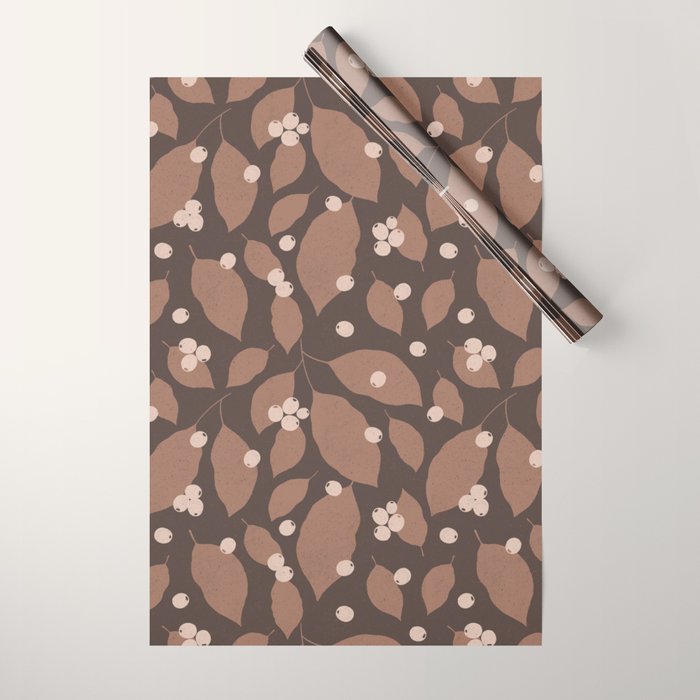 Coffee Leaves and Berries - Mocha Mousse Dark Wrapping Paper Gallery Image 1