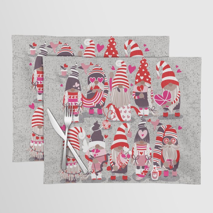I gnome you more // grey background red and pink Valentine's Day gnomes and motifs Placemat Gallery Image 1