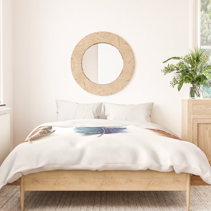 Colorful Magical Mystical Feathers Watercolor Painting Nature Tribal Patterns White Background Duvet Cover Gallery Image 3