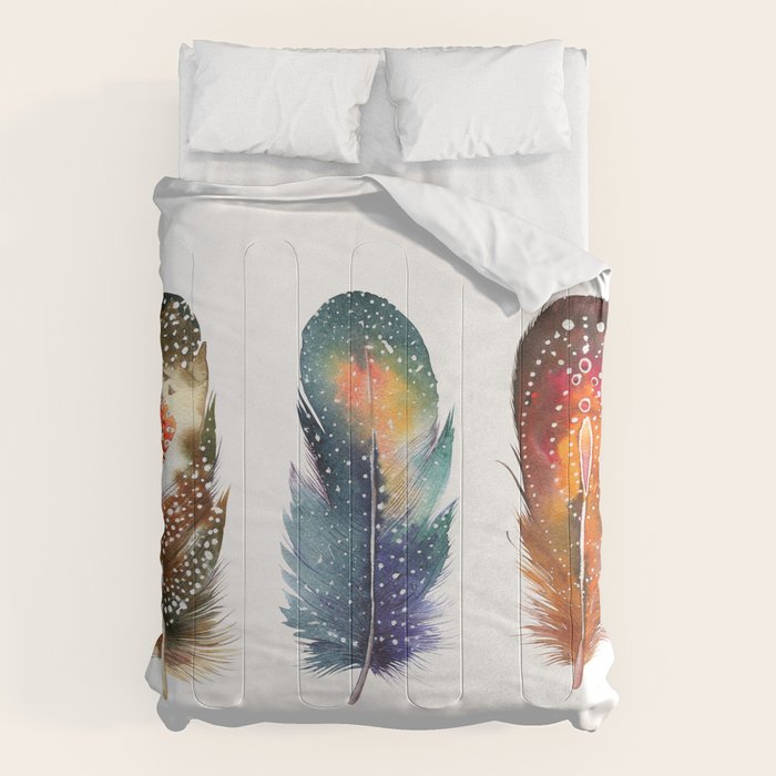 Colorful Magical Mystical Feathers Watercolor Painting Nature Tribal Patterns White Background Comforter Gallery Image 6