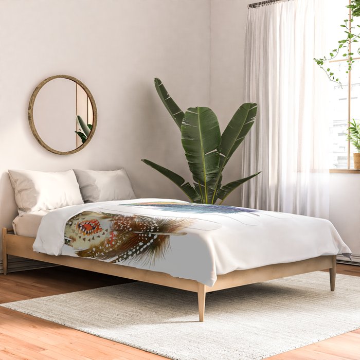 Colorful Magical Mystical Feathers Watercolor Painting Nature Tribal Patterns White Background Comforter Gallery Image 2