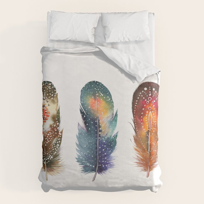 Colorful Magical Mystical Feathers Watercolor Painting Nature Tribal Patterns White Background Duvet Cover Gallery Image 6