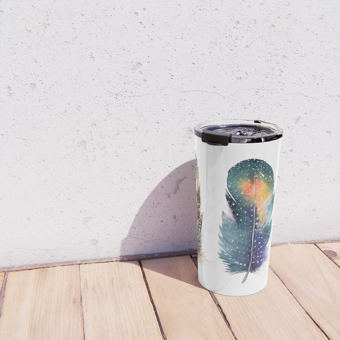 Colorful Magical Mystical Feathers Watercolor Painting Nature Tribal Patterns White Background Travel Mug Gallery Image 4