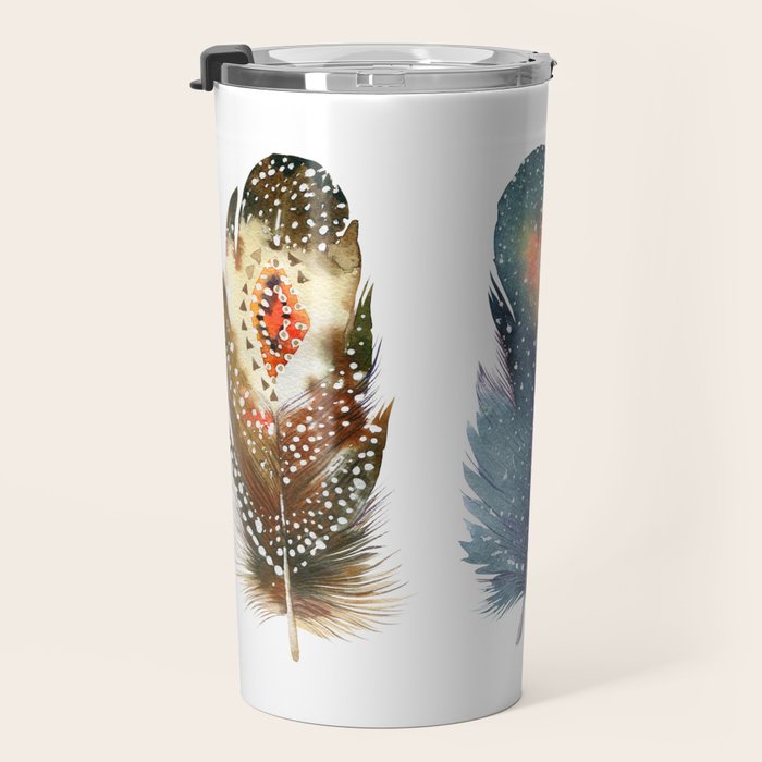 Colorful Magical Mystical Feathers Watercolor Painting Nature Tribal Patterns White Background Travel Mug Gallery Image 3