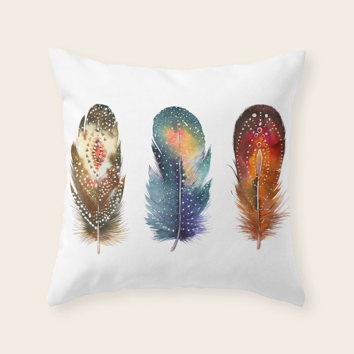 Colorful Magical Mystical Feathers Watercolor Painting Nature Tribal Patterns White Background Throw Pillow Gallery Image 6