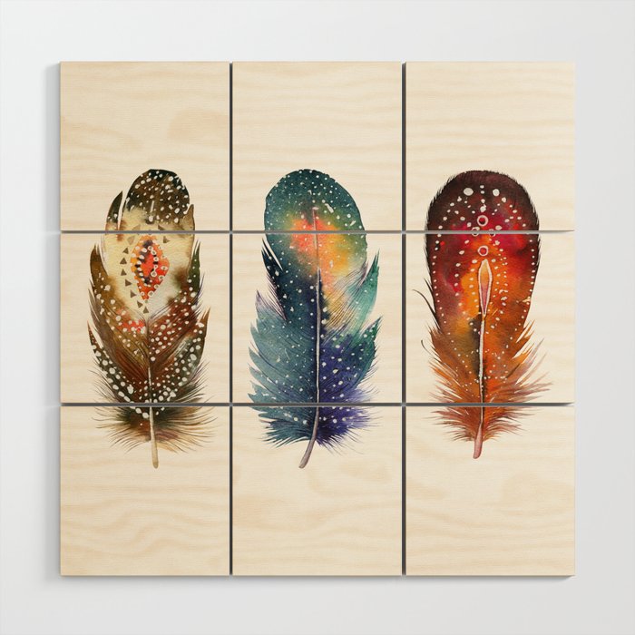 Colorful Magical Mystical Feathers Watercolor Painting Nature Tribal Patterns White Background Wood Wall Art Gallery Image 1