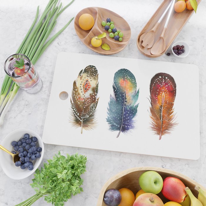 Colorful Magical Mystical Feathers Watercolor Painting Nature Tribal Patterns White Background Cutting Board Gallery Image 2