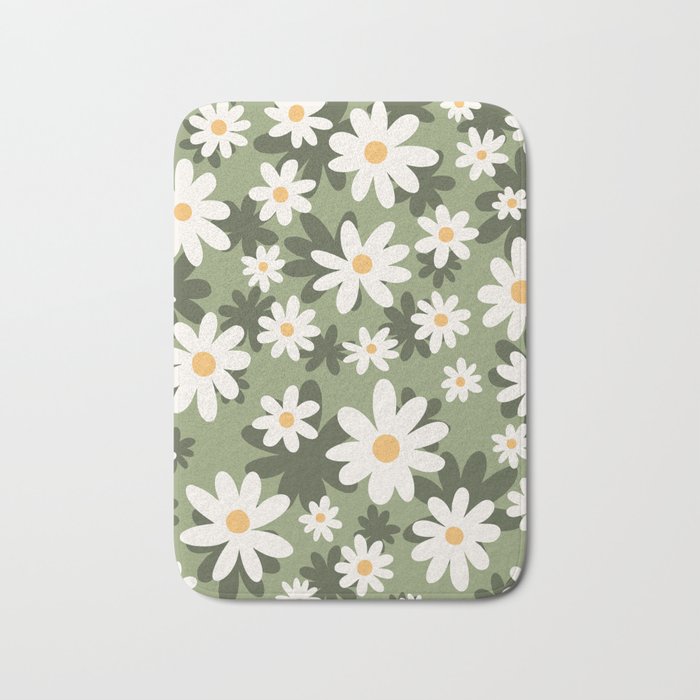 Flower Market London, Retro Daisies  Print, Green Ditsy Pattern Bath Mat Gallery Image 1