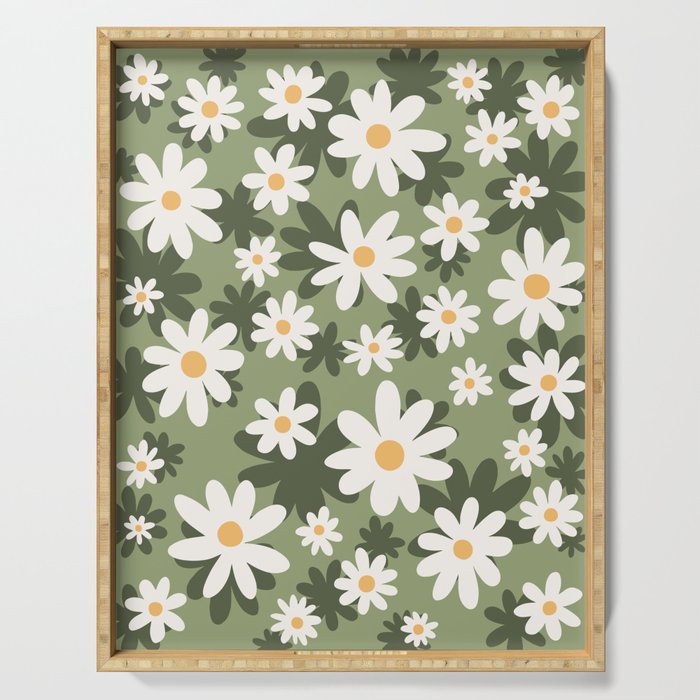 Flower Market London, Retro Daisies  Print, Green Ditsy Pattern Serving Tray Gallery Image 1