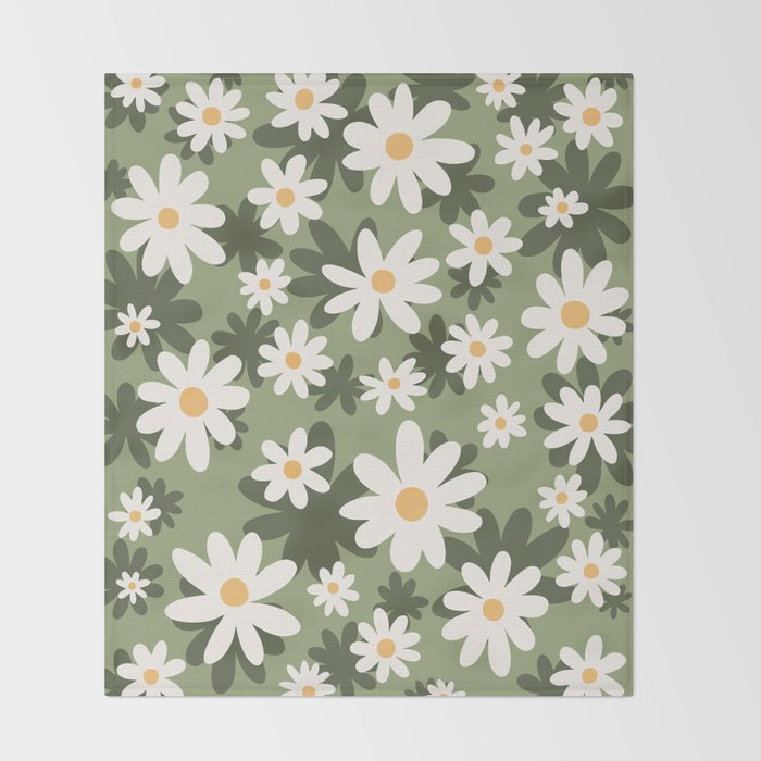 Flower Market London, Retro Daisies  Print, Green Ditsy Pattern Throw Blanket Gallery Image 2