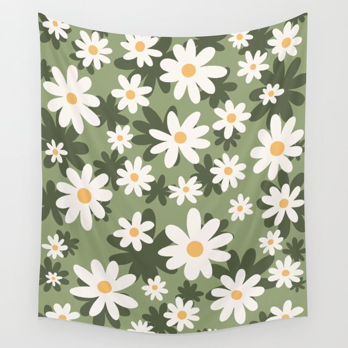 Flower Market London, Retro Daisies  Print, Green Ditsy Pattern Wall Tapestry Gallery Image 1
