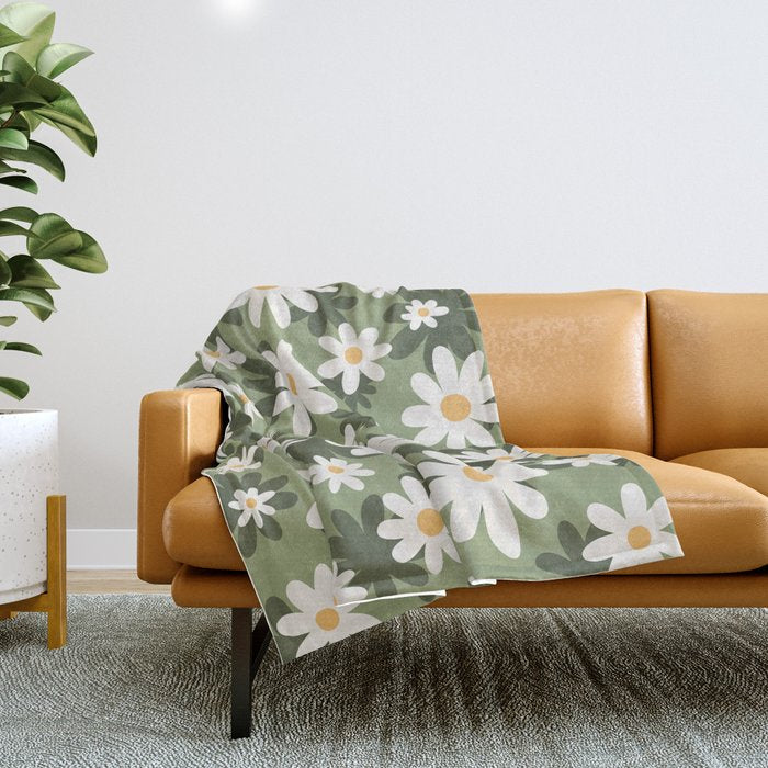 Flower Market London, Retro Daisies  Print, Green Ditsy Pattern Throw Blanket Gallery Image 1
