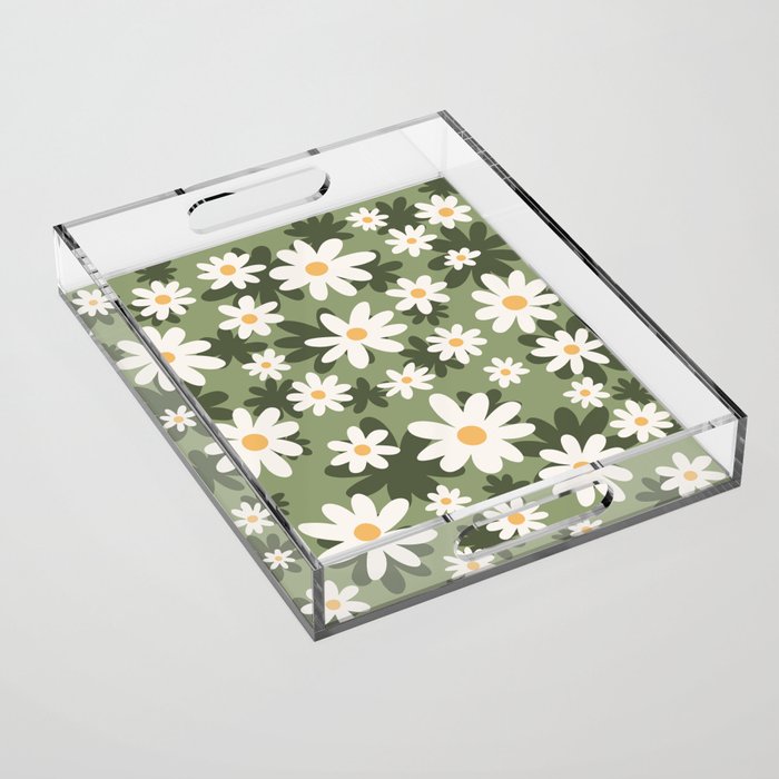 Flower Market London, Retro Daisies  Print, Green Ditsy Pattern Acrylic Tray Gallery Image 1