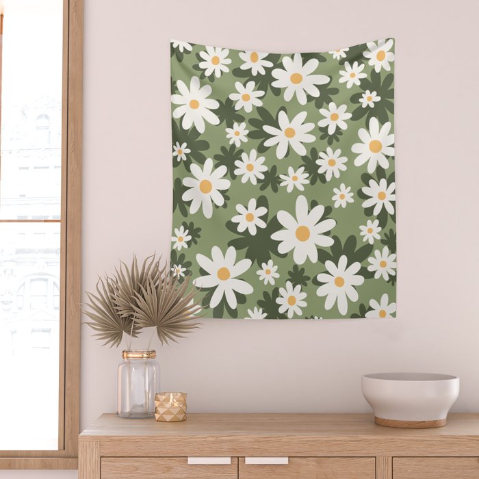 Flower Market London, Retro Daisies  Print, Green Ditsy Pattern Wall Tapestry Gallery Image 2