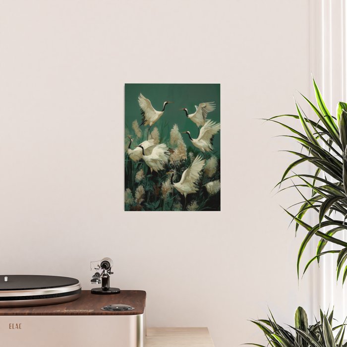 Japanese Poster Heron chinoiserie Print Bird Wall Art asian Japandi Wall Art sage green Painting Poster Gallery Image 2
