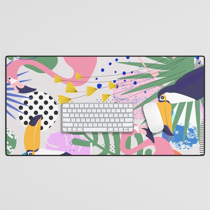 Tropical Spring | Pastel Quirky Modern Bohemian Jungle Botanical | Flamingo Palm Cockatoo Birds Desk Mat Gallery Image 1