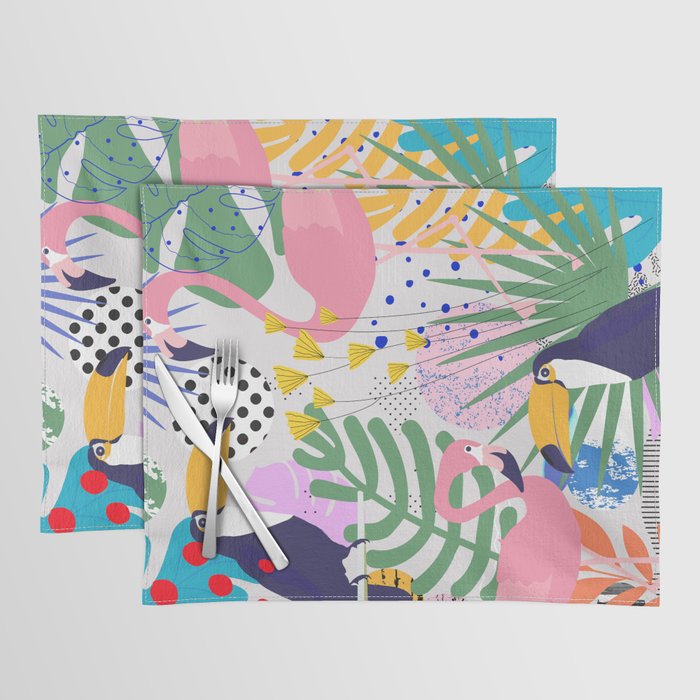 Tropical Spring | Pastel Quirky Modern Bohemian Jungle Botanical | Flamingo Palm Cockatoo Birds Placemat Gallery Image 1