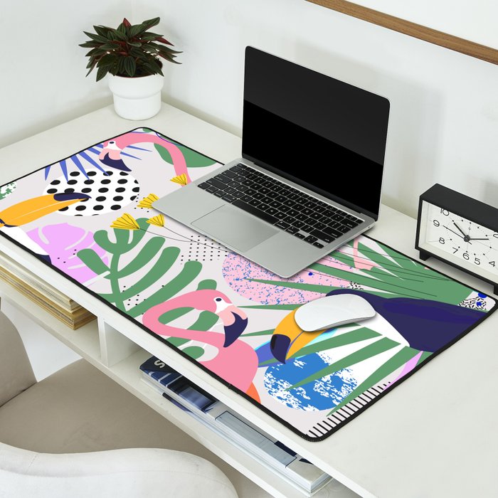 Tropical Spring | Pastel Quirky Modern Bohemian Jungle Botanical | Flamingo Palm Cockatoo Birds Desk Mat Gallery Image 2