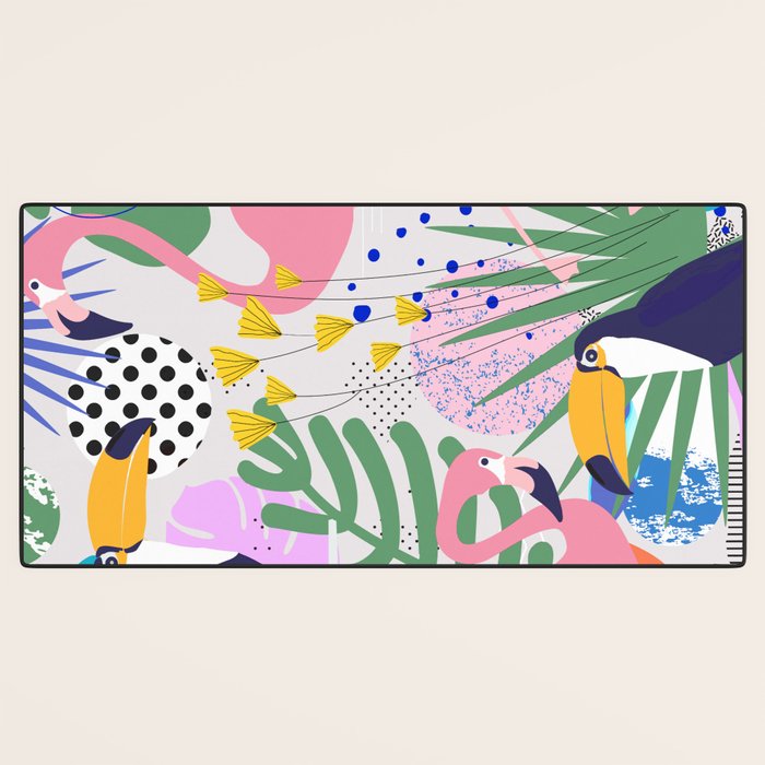 Tropical Spring | Pastel Quirky Modern Bohemian Jungle Botanical | Flamingo Palm Cockatoo Birds Desk Mat Gallery Image 3