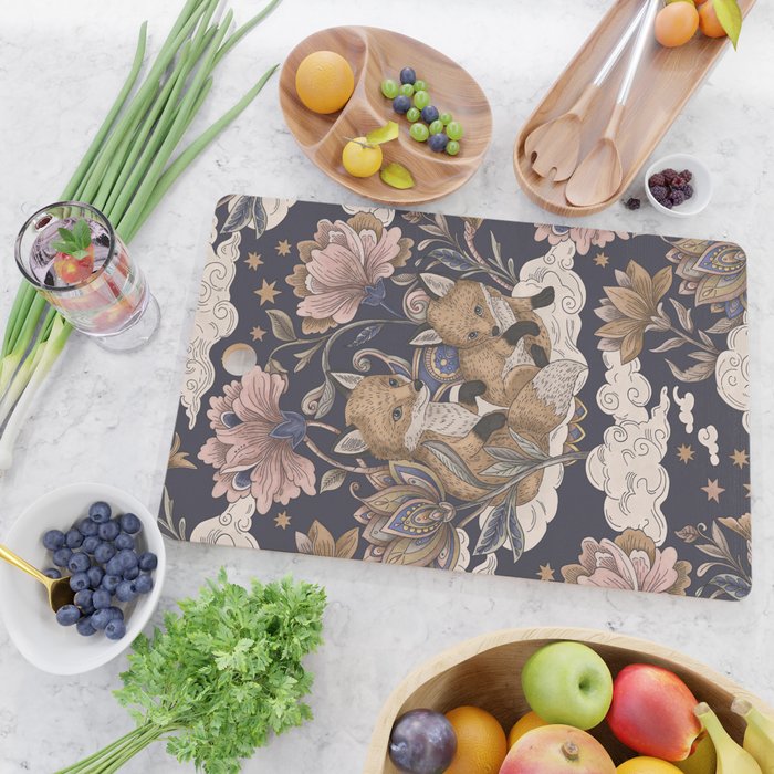 Fox Cubs in Moonlit Garden Cutting Board Gallery Image 2