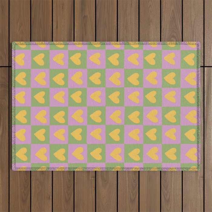 Checker yellow hearts Outdoor Rug Gallery Image 1