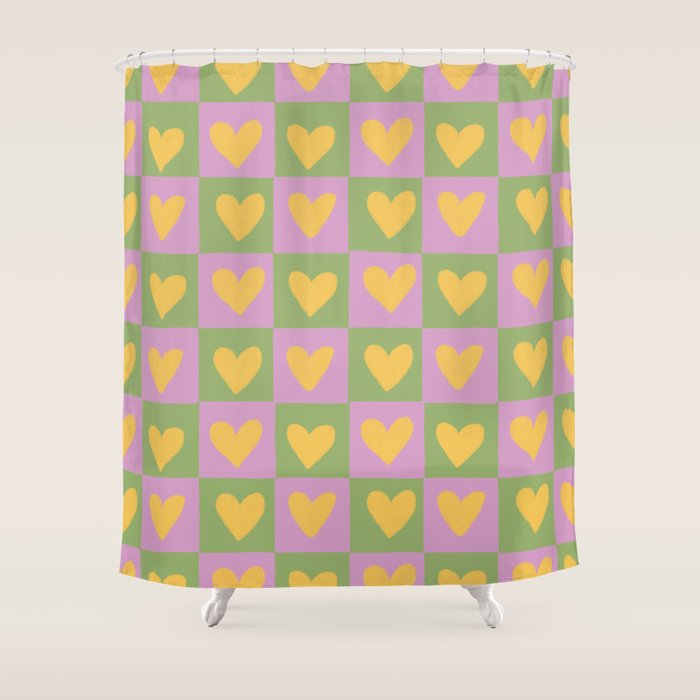 Checker yellow hearts Shower Curtain Gallery Image 1