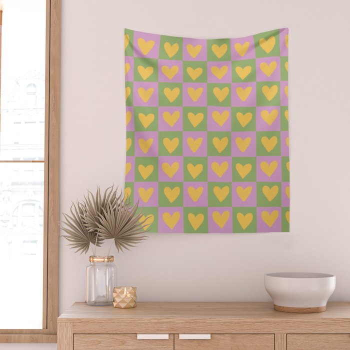 Checker yellow hearts Wall Tapestry Gallery Image 2